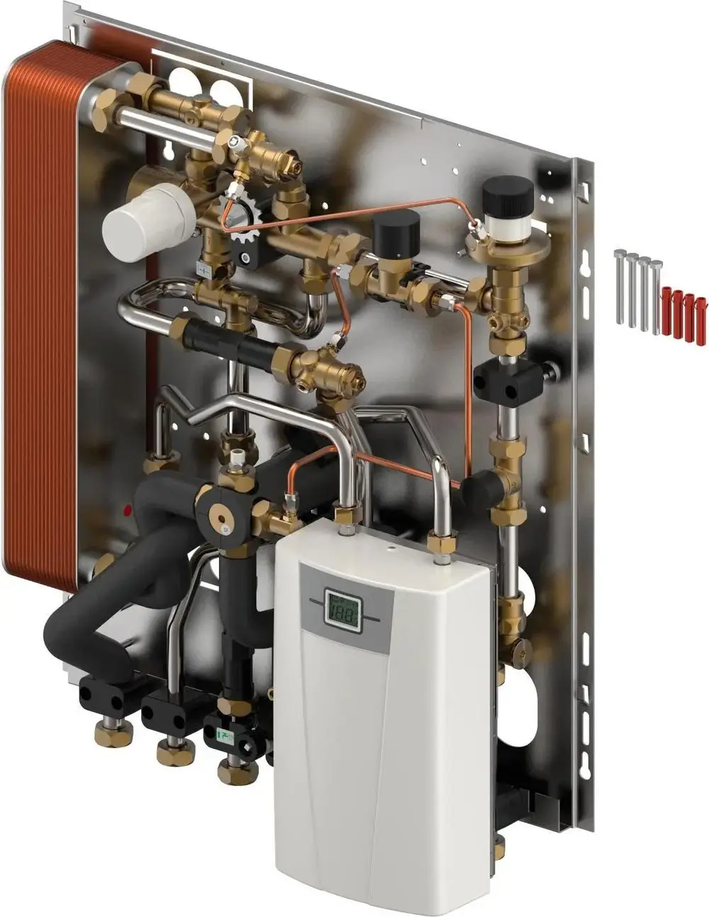 Uponor Hybrid Station mit mehreren Rohrleitungen, Ventilen und einer digitalen Steuerung auf einer Metallplatte montiert, zur Verwendung in Heizungsanlagen.